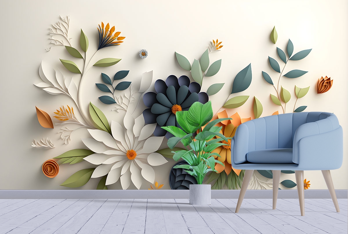 Blue and White 3d Floral Wallpaper for walls with leaves