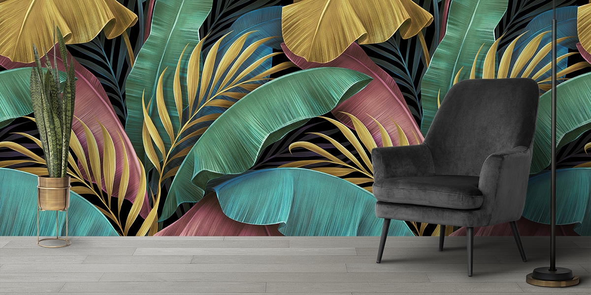 Deewar Wallpaper, Colorful leaves on a black background